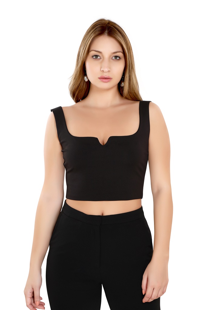 Black Crop V Neck Top